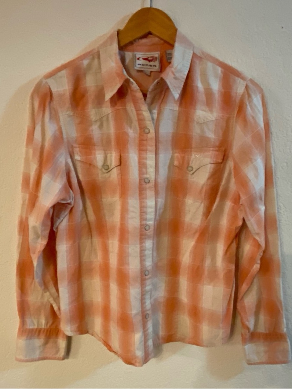 Roper Brand Peach Plaid Pearl Snap Button Shirt